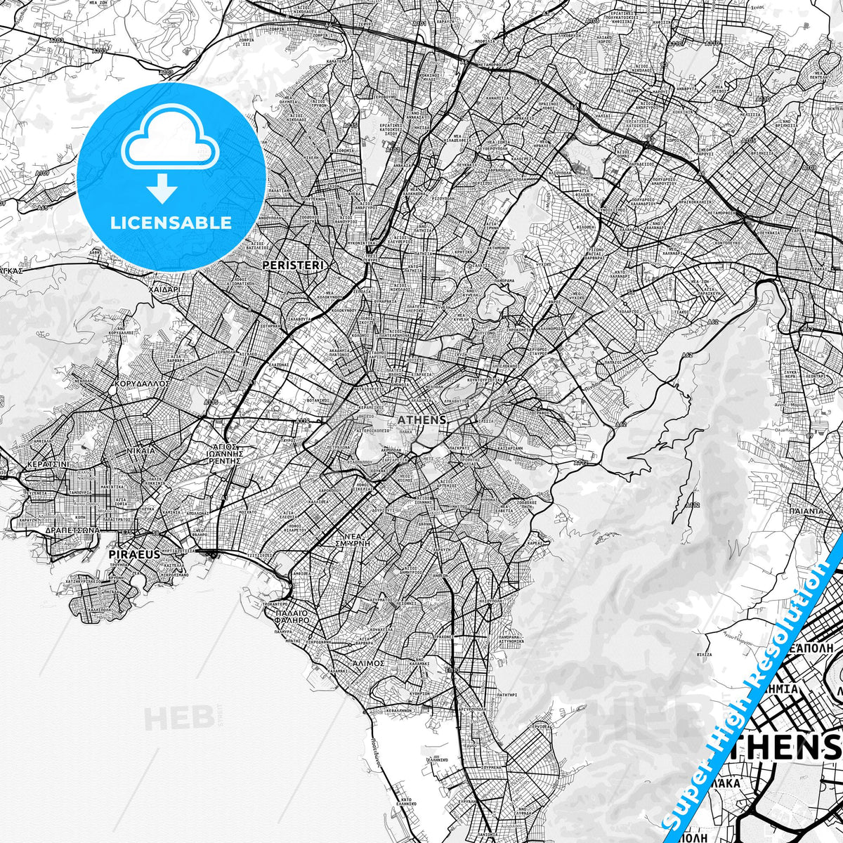 Athens, Greece light map with streetnames, citynames and districts