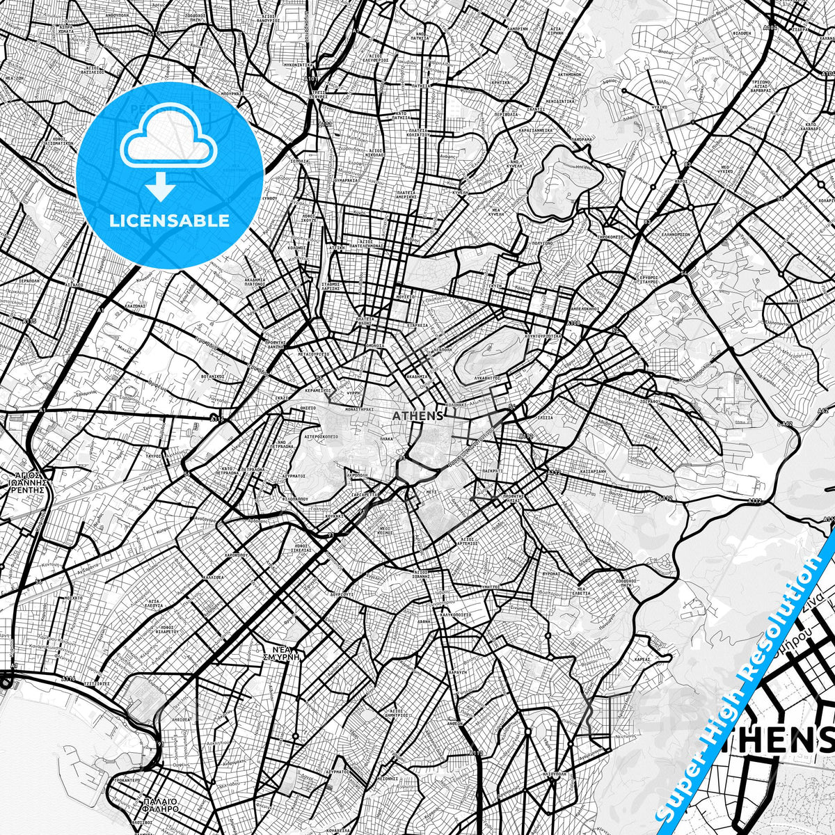 Athens, Greece Light Map with Street Names, City Names, and Districts
