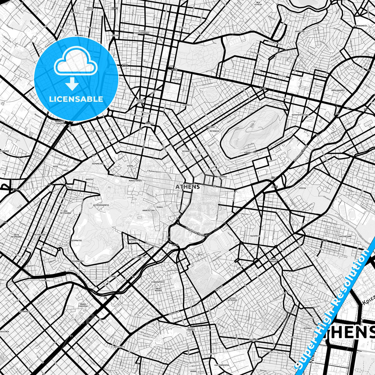 Athens, Greece Light Map with Street Names, City Names, and Districts