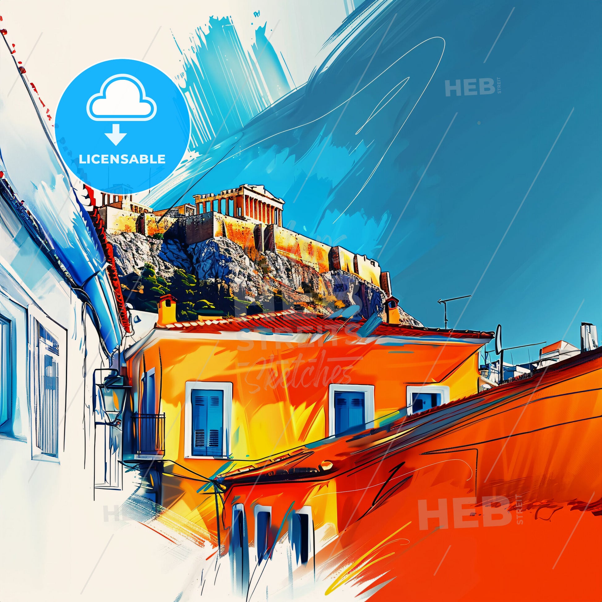 Vibrant Athens, Greece - A Painting Of Buildings And A Building On A Hill