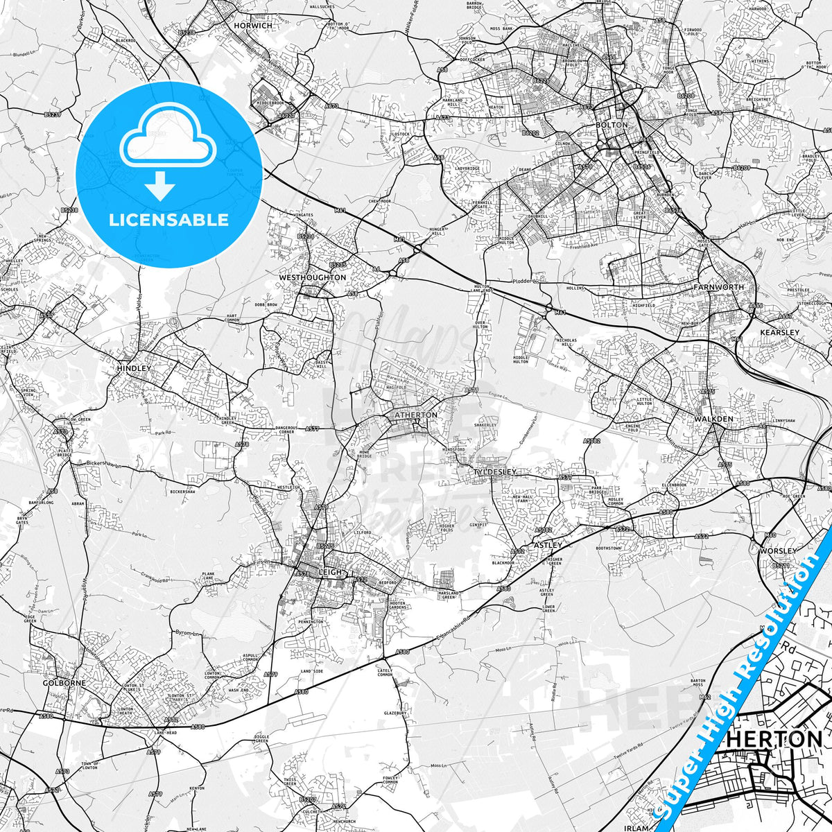 Atherton, England light map with streetnames, citynames and districts