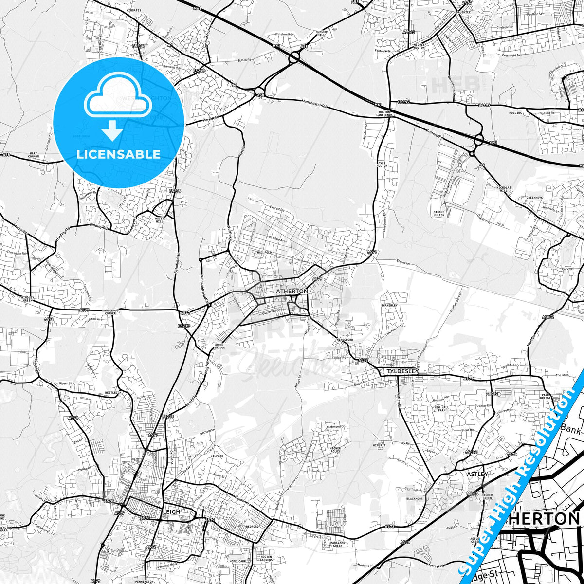 Atherton, England Light Map with Street Names, City Names, and Districts