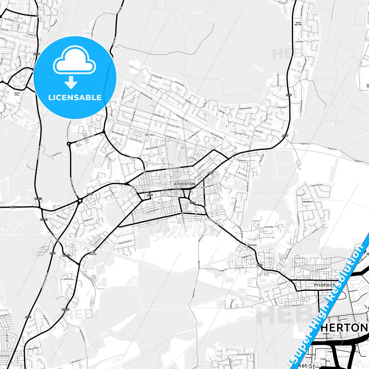 Atherton, England Light Map with Street Names, City Names, and Districts