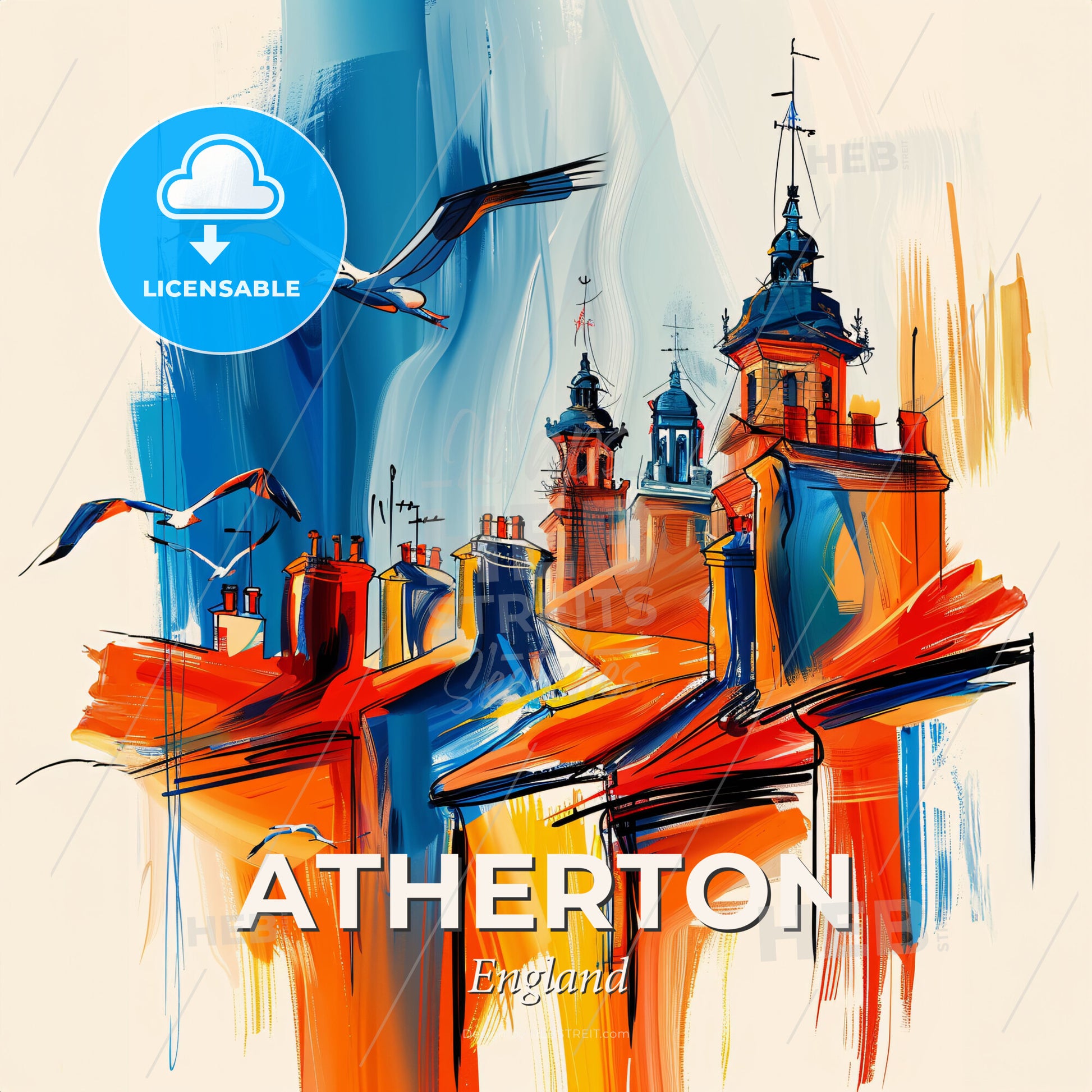 Vibrant Atherton, England - A Bird Flying Over A Building - Square format print template