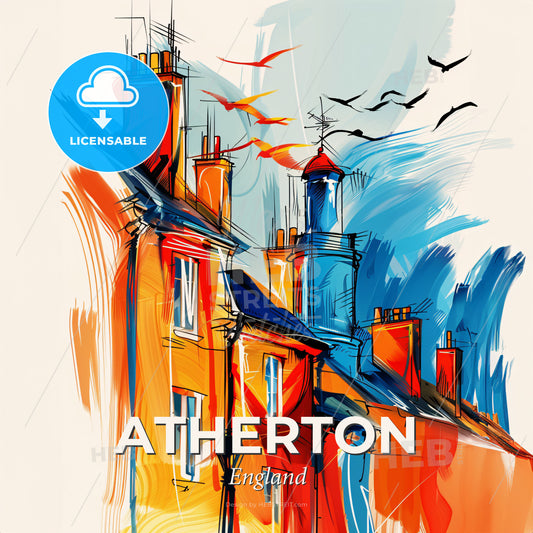 Vibrant Atherton, England - A Painting Of A Building With A Chimney And Birds Flying - Square format print template