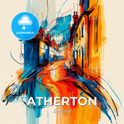 Vibrant Atherton, England - A Painting Of A Street With Buildings And A Guitar - Square format print template