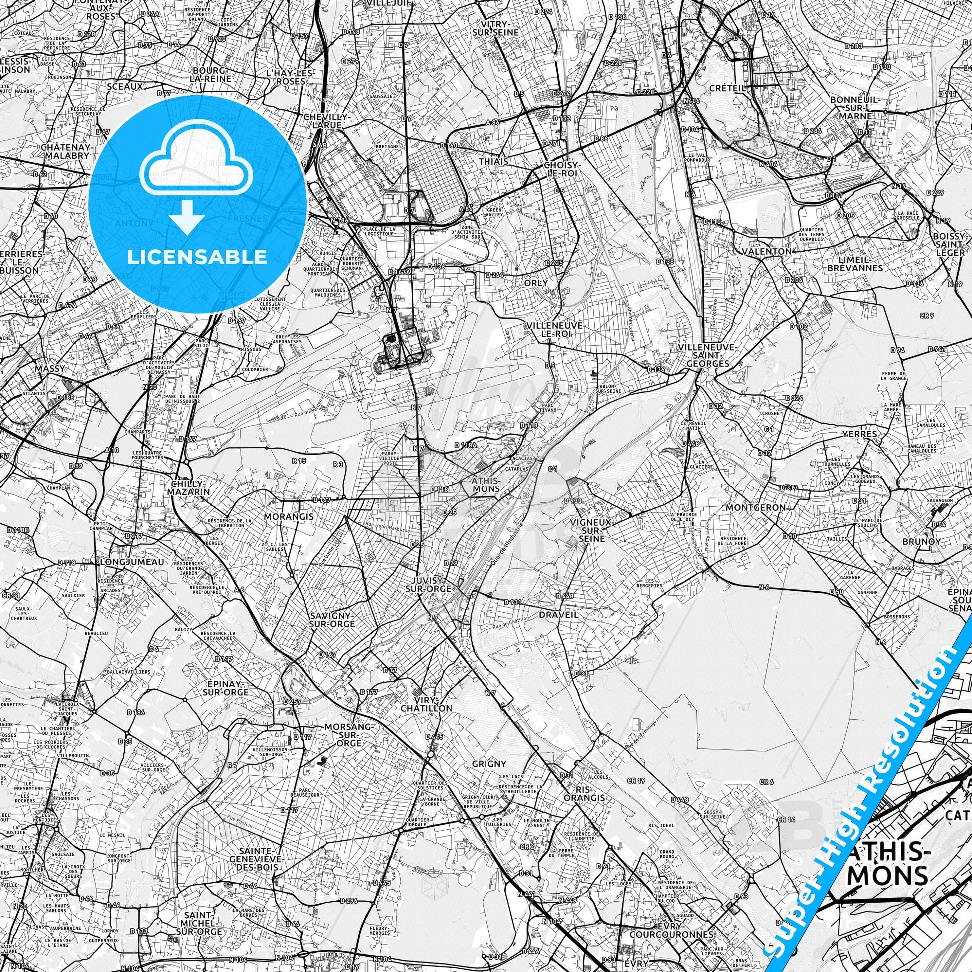 Athis-Mons, France light map with streetnames, citynames and districts