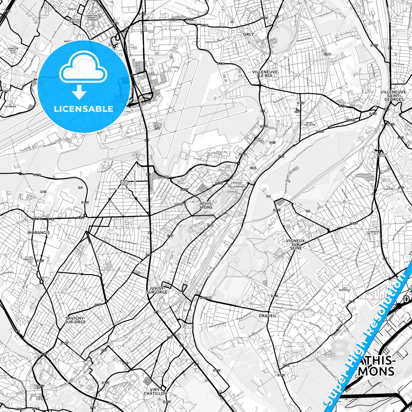 Athis-Mons, France Light Map with Street Names, City Names, and Districts