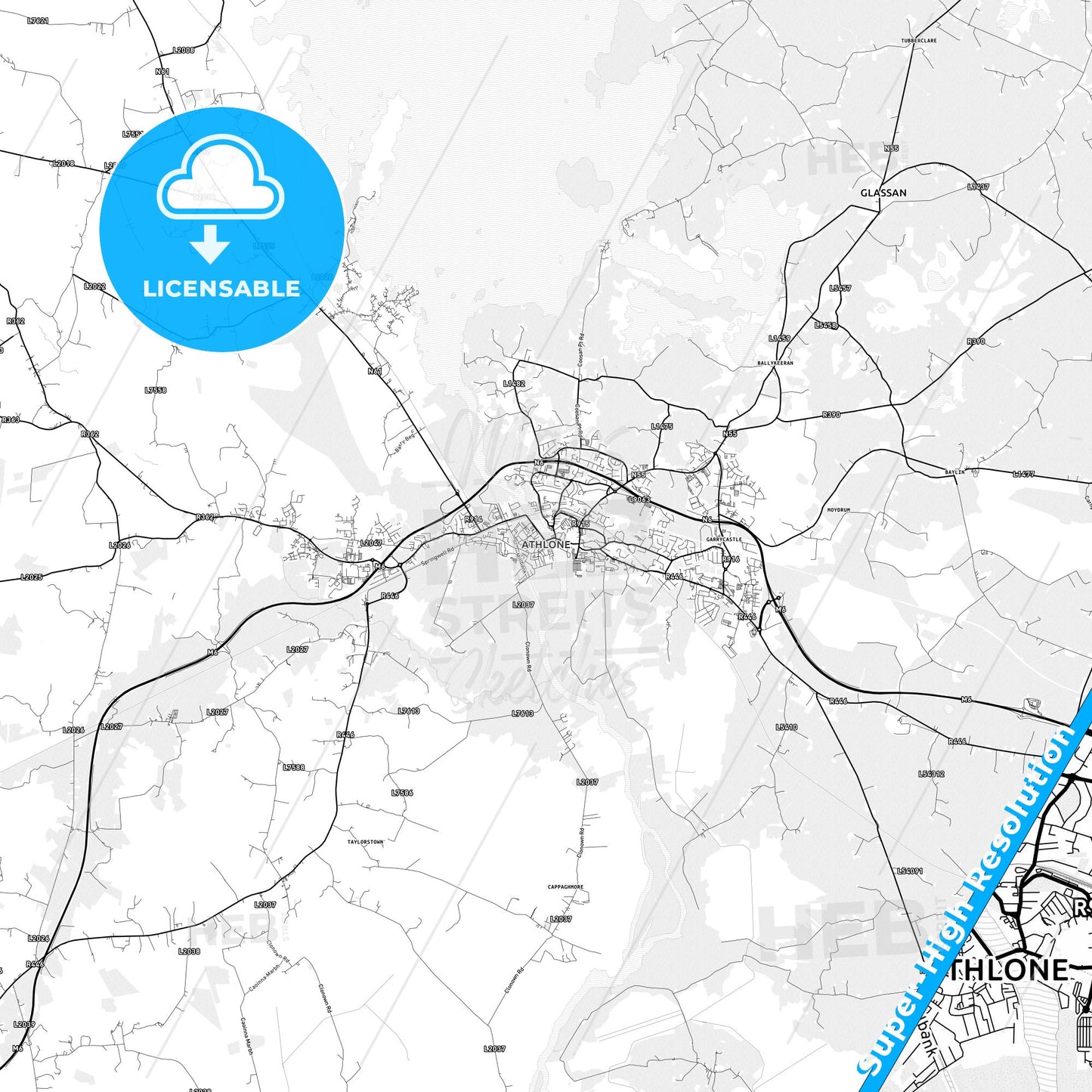 Athlone, Ireland light map with streetnames, citynames and districts