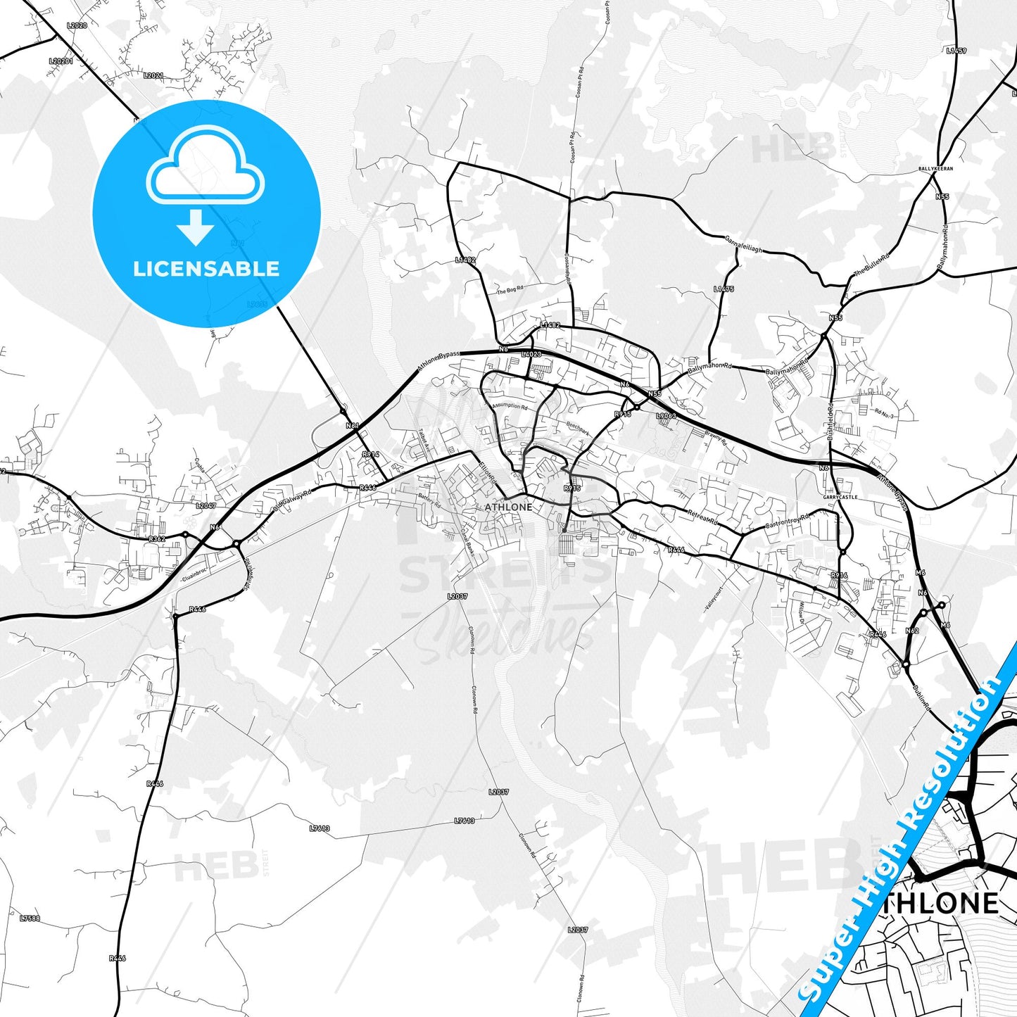 Athlone, Ireland Light Map with Street Names, City Names, and Districts