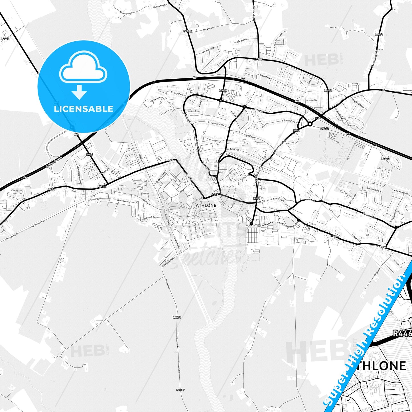 Athlone, Ireland Light Map with Street Names, City Names, and Districts