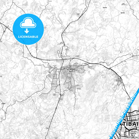 Atibaia, Brazil light map with streetnames, citynames and districts