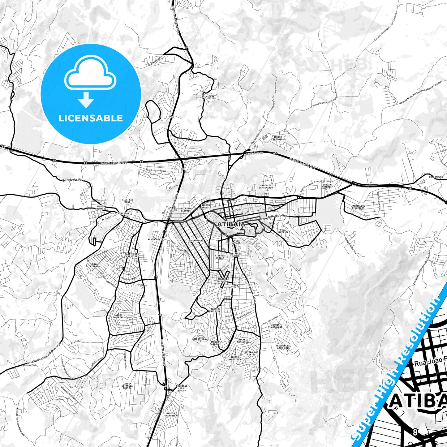 Atibaia, Brazil Light Map with Street Names, City Names, and Districts