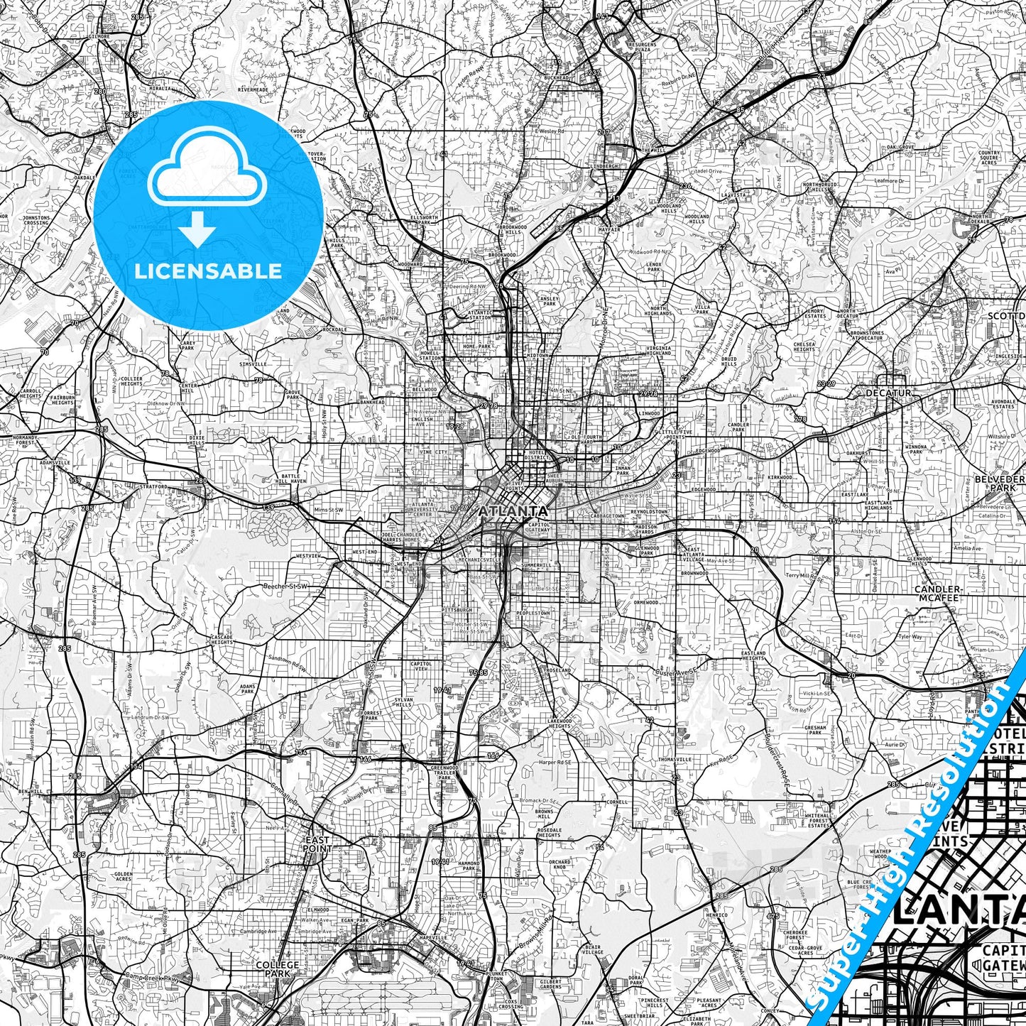 Atlanta, Georgia light map with streetnames, citynames and districts