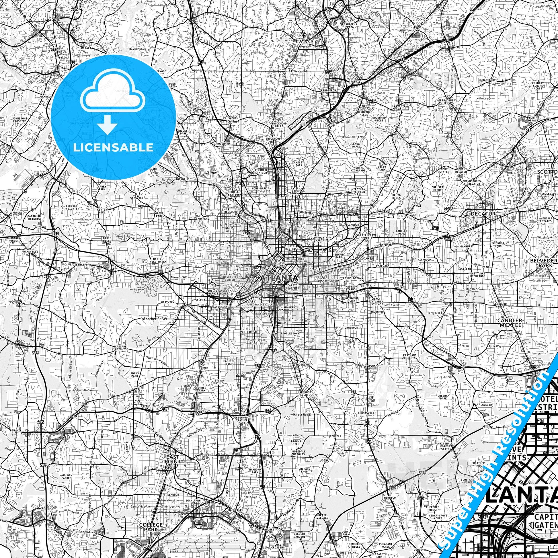 Atlanta, Georgia light map with streetnames, citynames and districts