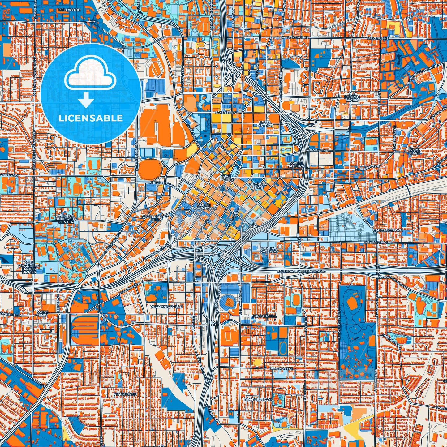 Colorful Atlanta Street Map with Labels and Buildings