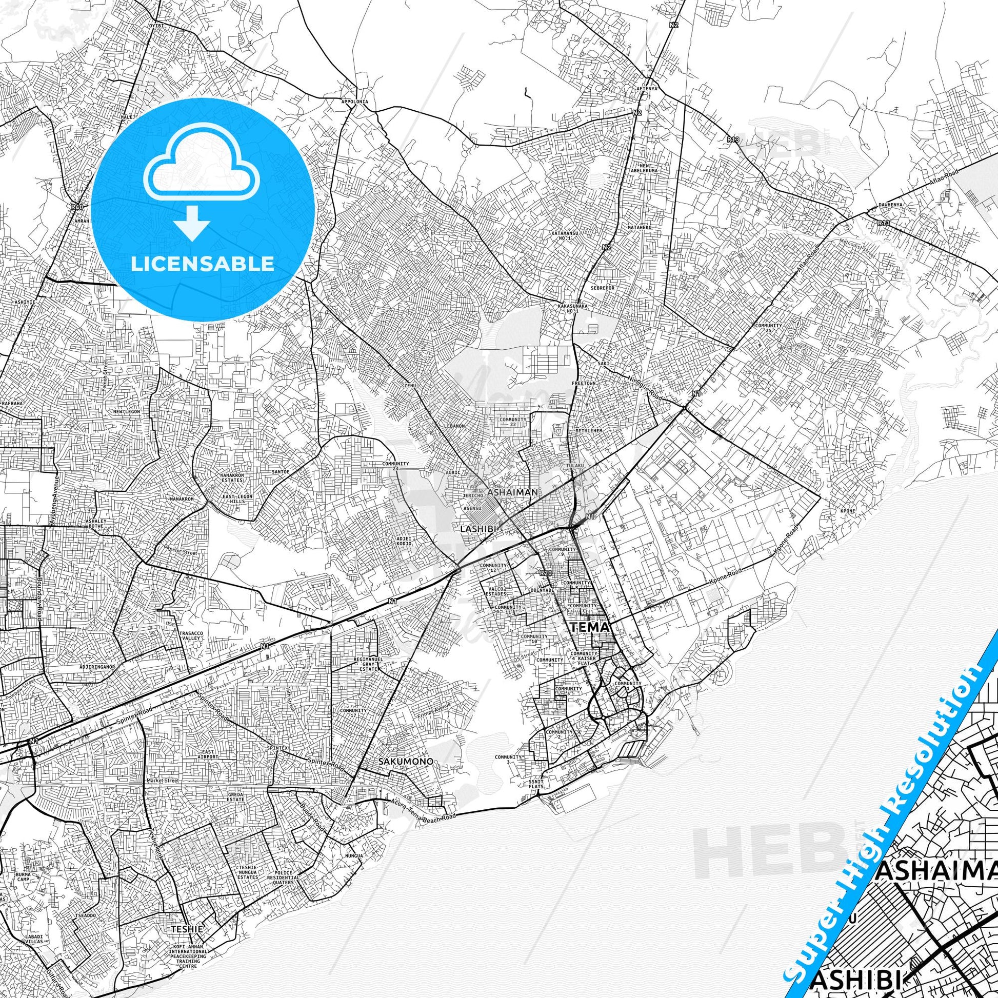 Atsiaman, Ghana light map with streetnames, citynames and districts