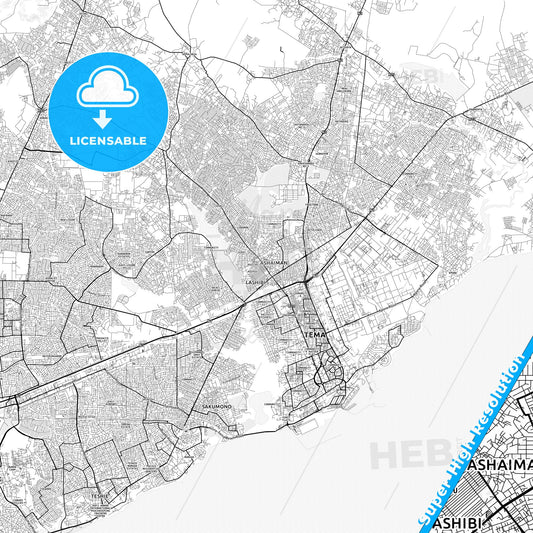 Atsiaman, Ghana light map with streetnames, citynames and districts