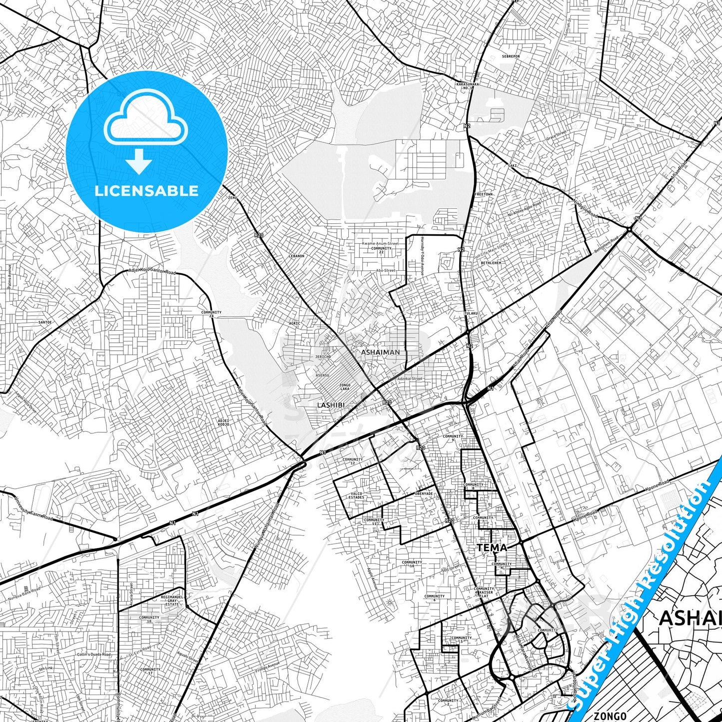 Atsiaman, Ghana Light Map with Street Names, City Names, and Districts