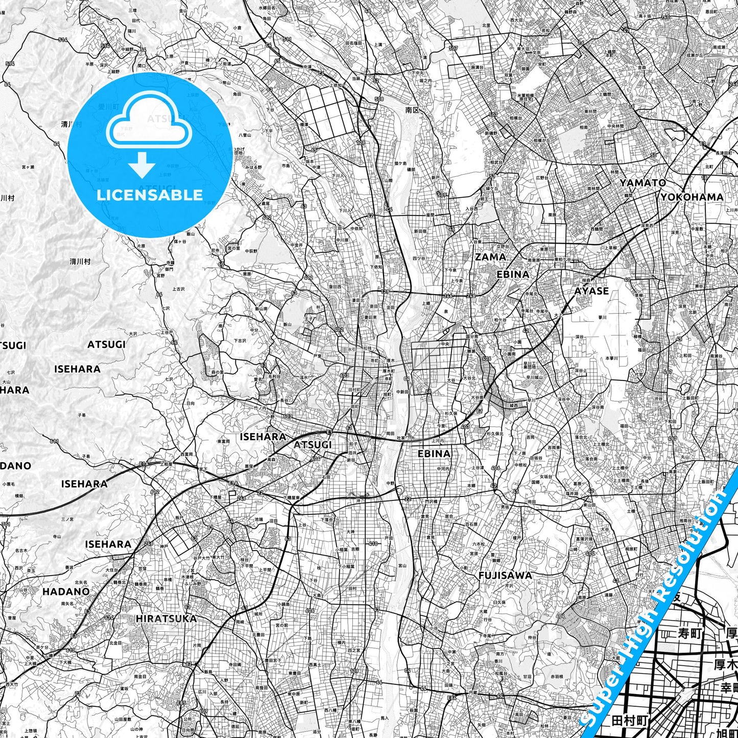 Atsugi, Japan light map with streetnames, citynames and districts