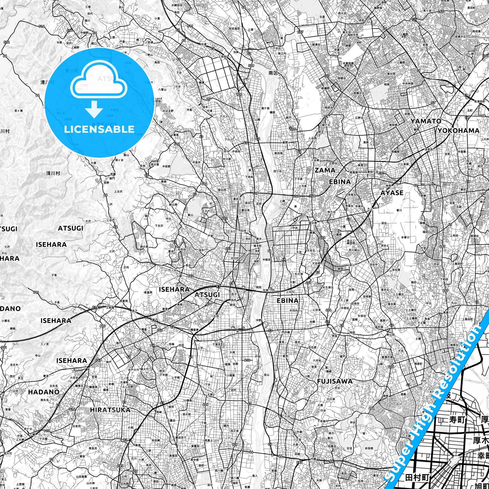 Atsugi, Japan light map with streetnames, citynames and districts