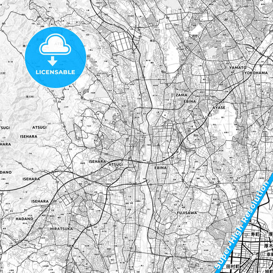 Atsugi, Japan light map with streetnames, citynames and districts