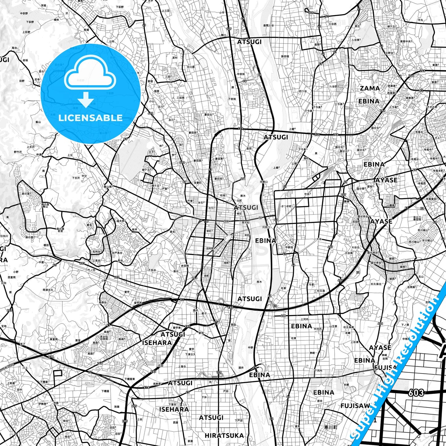 Atsugi, Japan Light Map with Street Names, City Names, and Districts