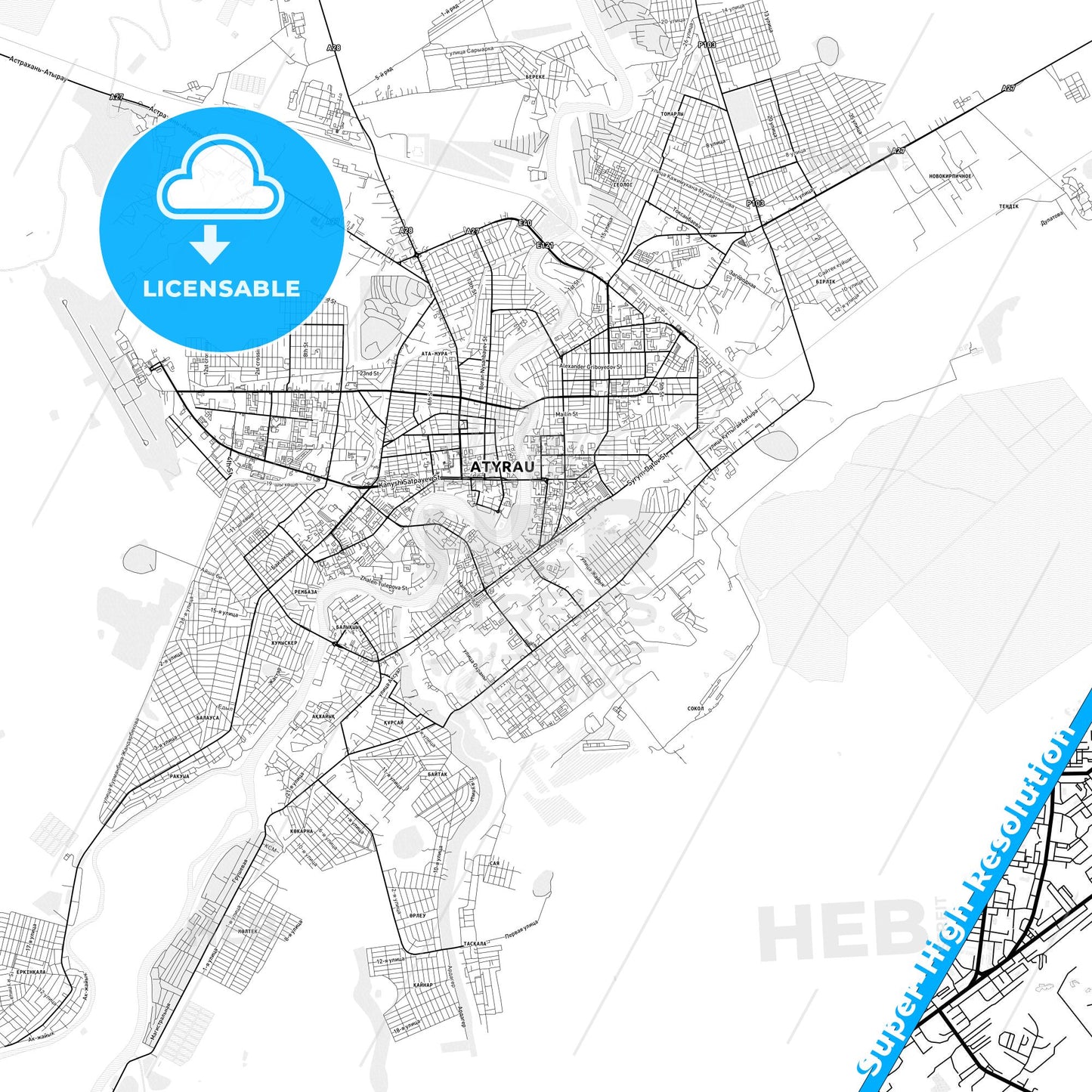 Atyrau, Kazakhstan light map with streetnames, citynames and districts