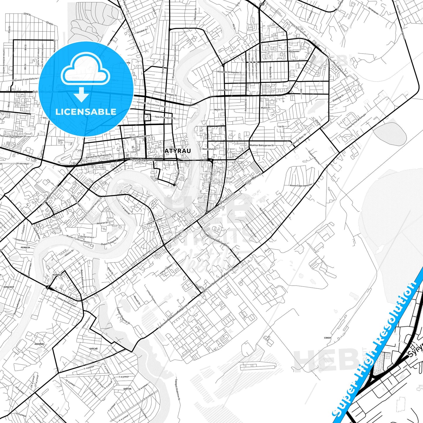 Atyrau, Kazakhstan Light Map with Street Names, City Names, and Districts