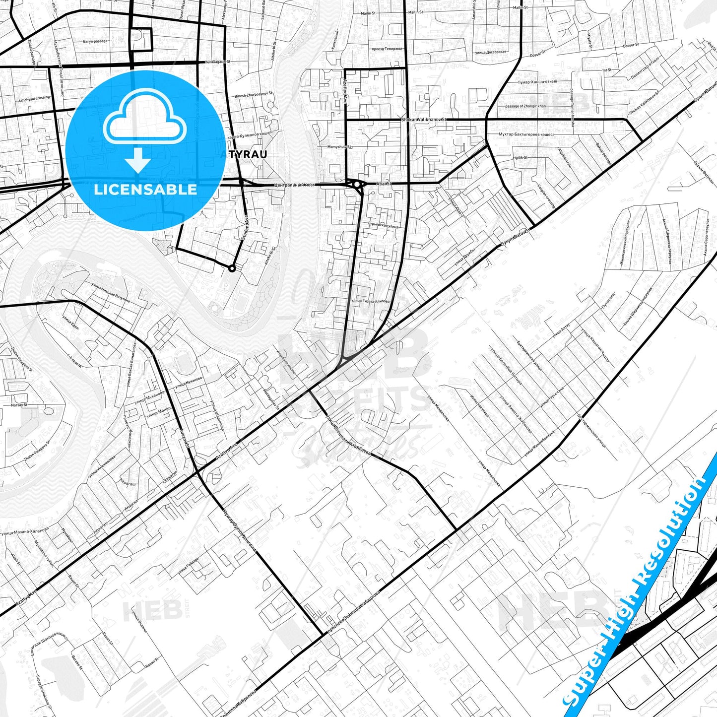 Atyrau, Kazakhstan Light Map with Street Names, City Names, and Districts