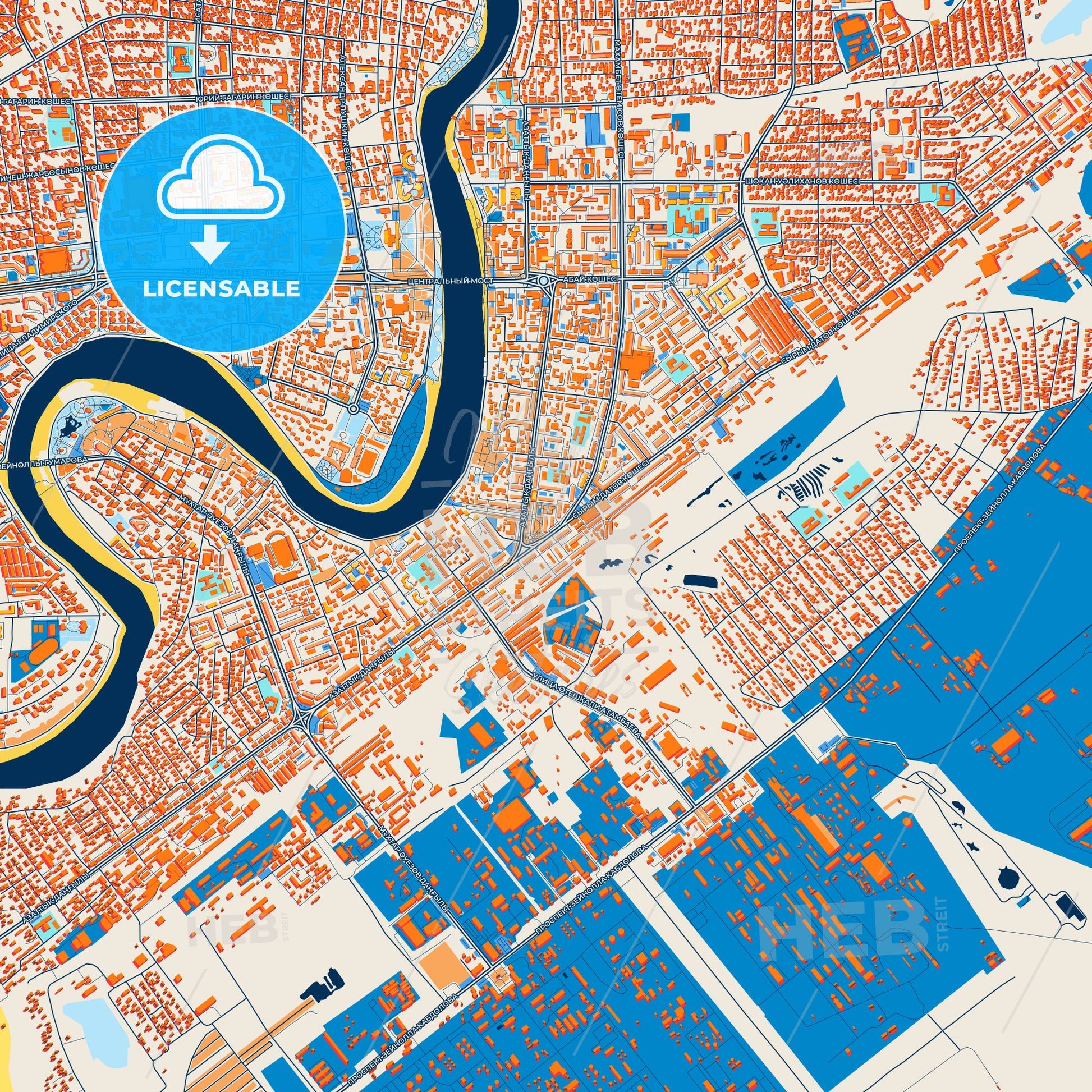 Colorful Atyrau Street Map with Labels and Buildings