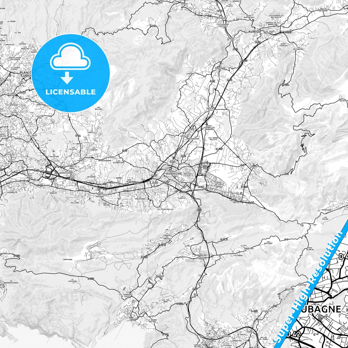 Aubagne, France light map with streetnames, citynames and districts