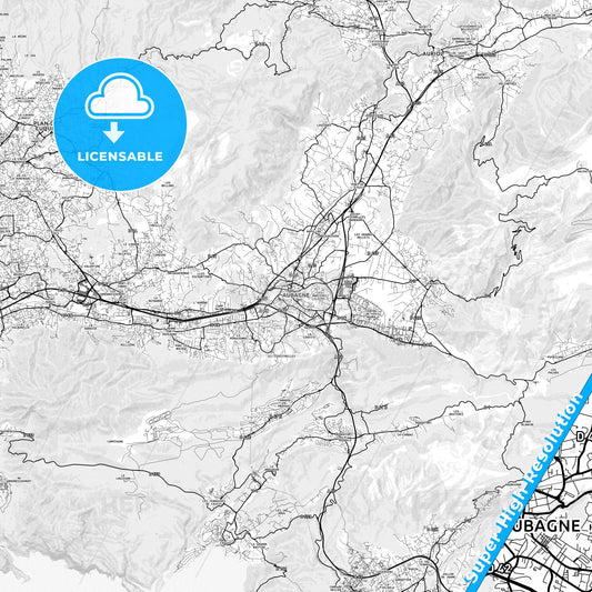 Aubagne, France light map with streetnames, citynames and districts