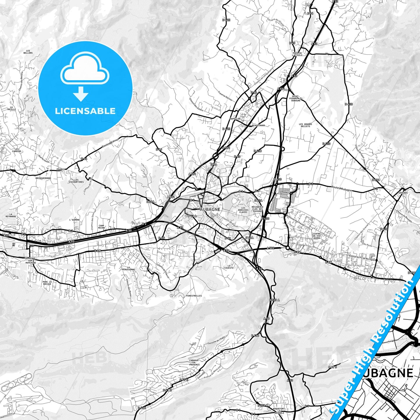 Aubagne, France Light Map with Street Names, City Names, and Districts