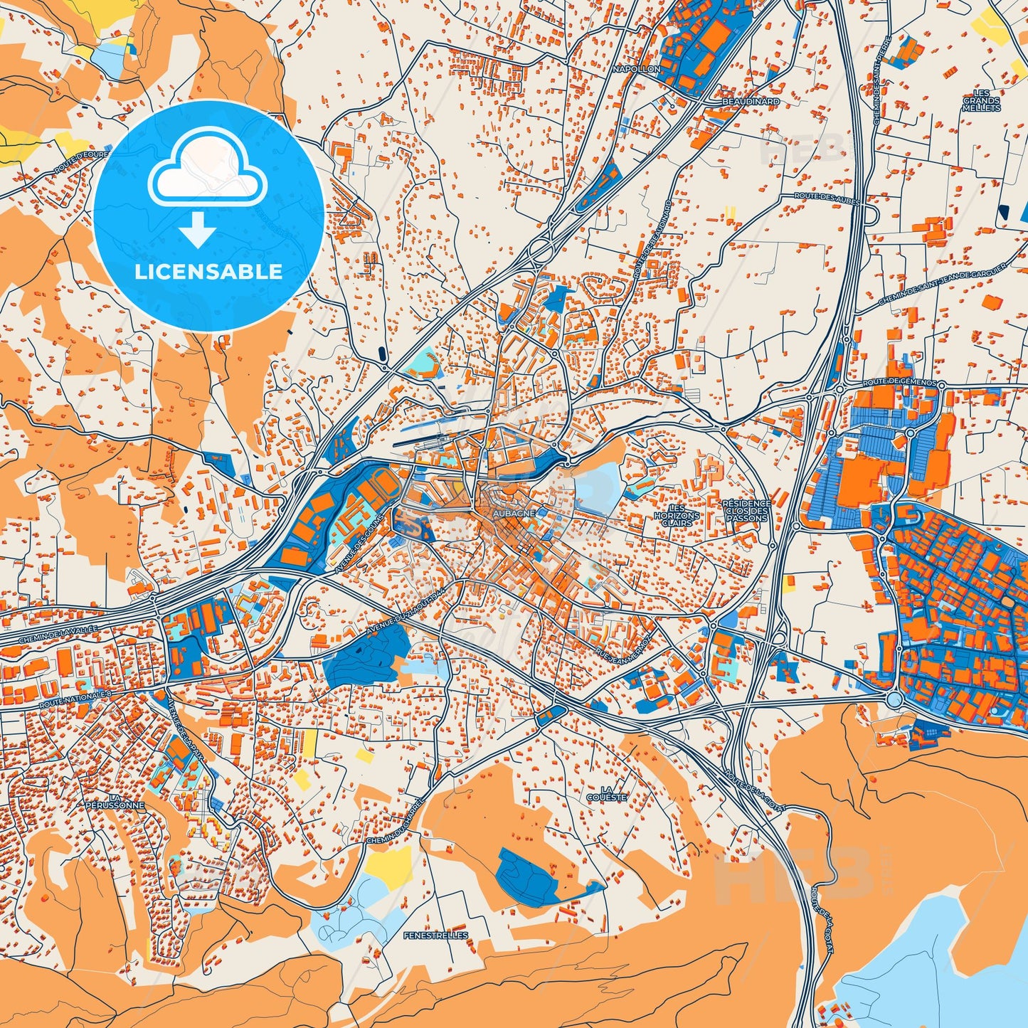 Colorful Aubagne Street Map with Labels and Buildings