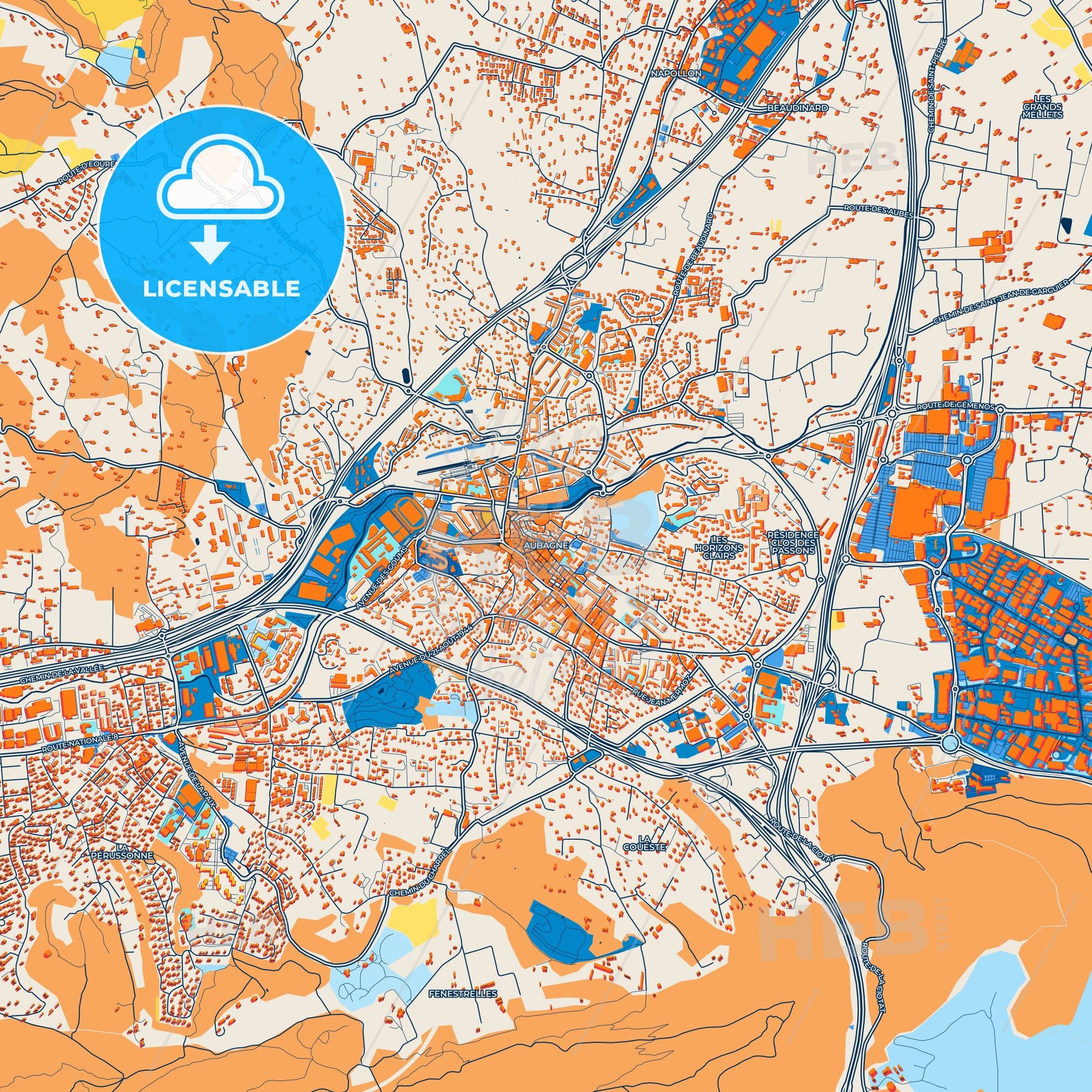 Colorful Aubagne Street Map with Labels and Buildings