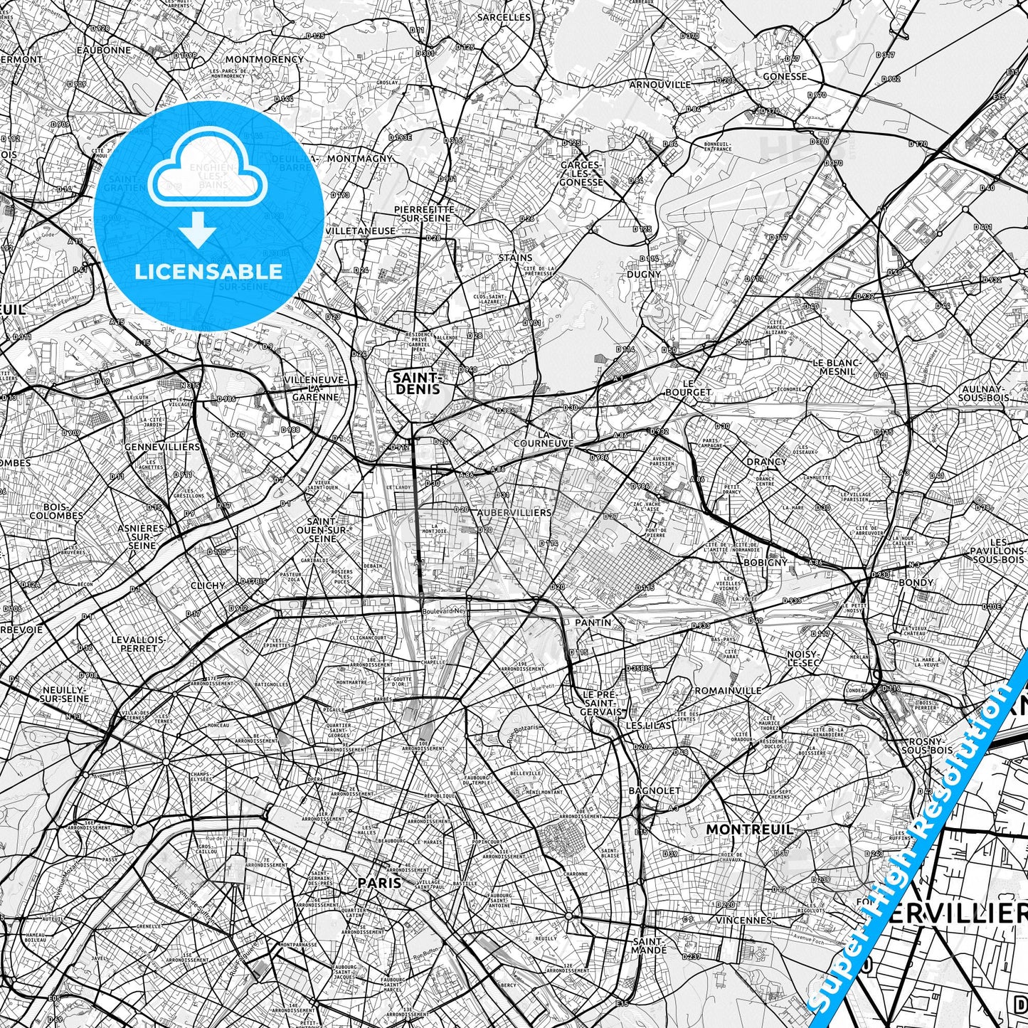 Aubervilliers, France light map with streetnames, citynames and districts