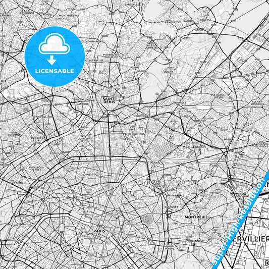 Aubervilliers, France light map with streetnames, citynames and districts