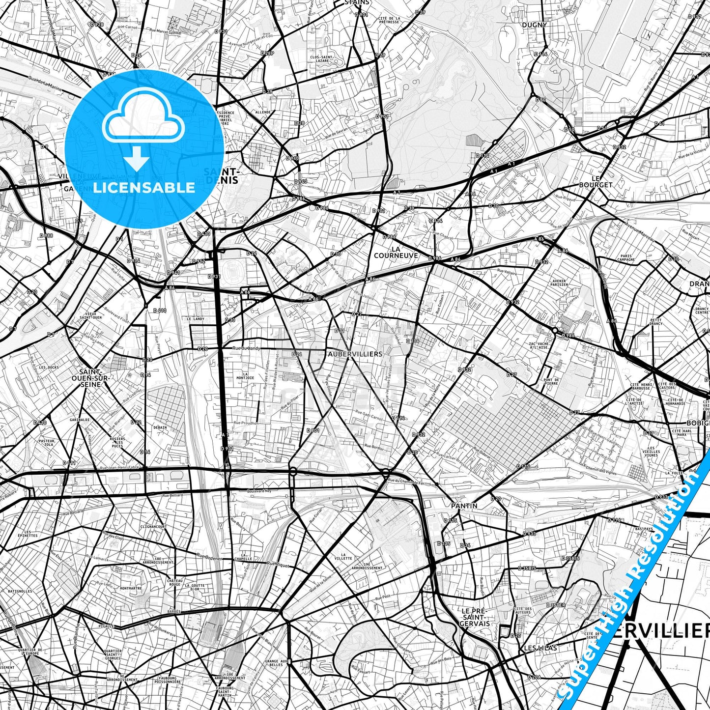Aubervilliers, France Light Map with Street Names, City Names, and Districts