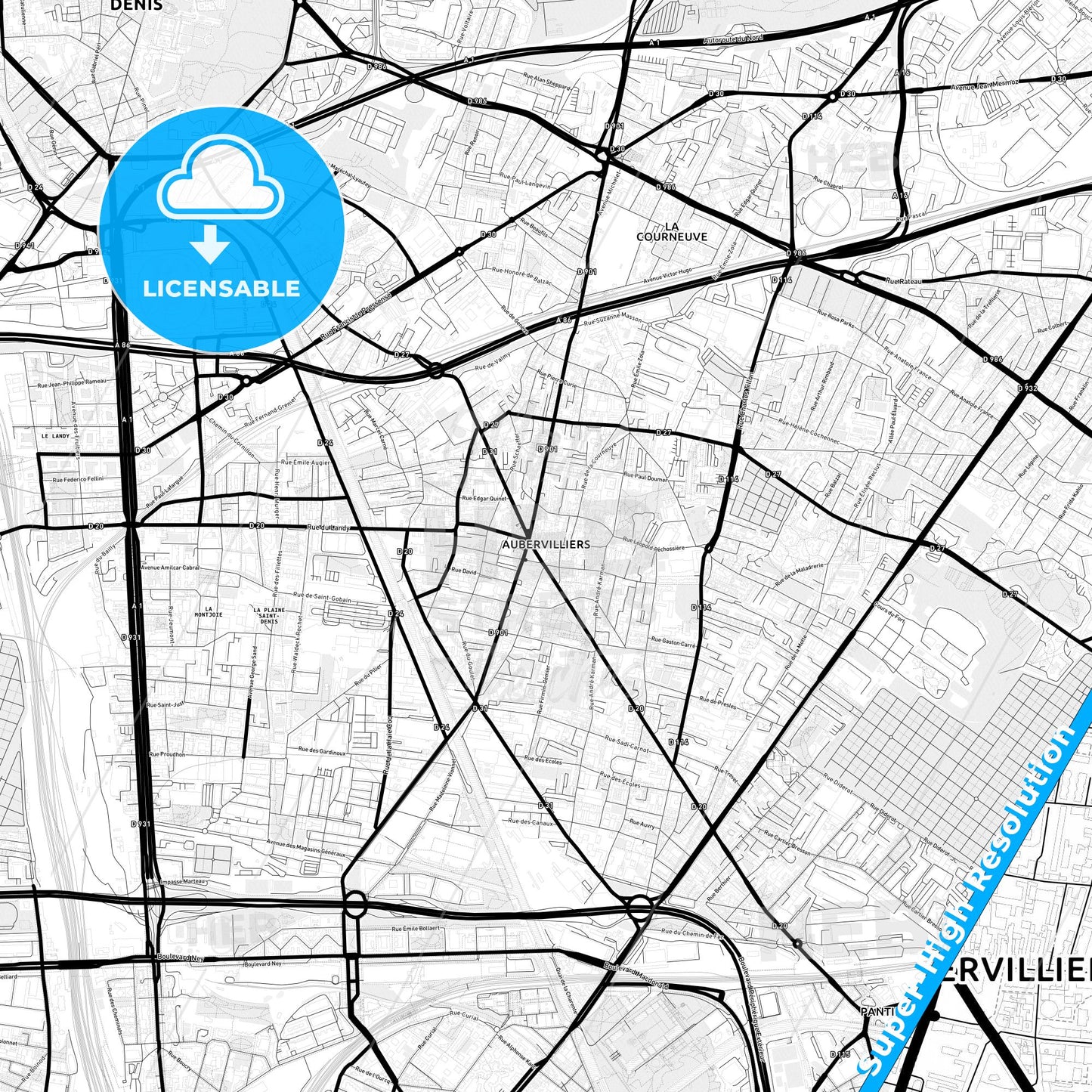 Aubervilliers, France Light Map with Street Names, City Names, and Districts