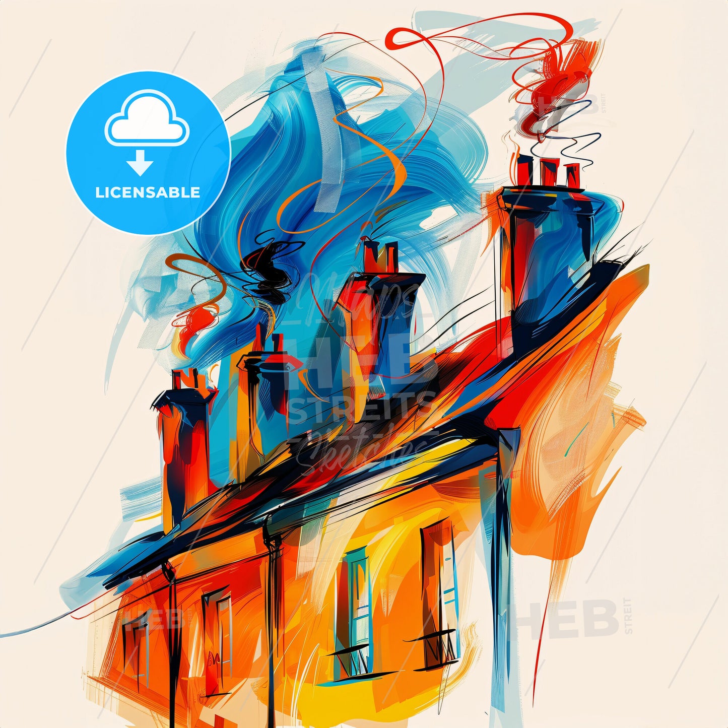 Vibrant Aubervilliers, France - A Painting Of A House With Smoke Coming Out Of It