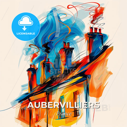 Vibrant Aubervilliers, France - A Painting Of A House With Smoke Coming Out Of It - Square format print template
