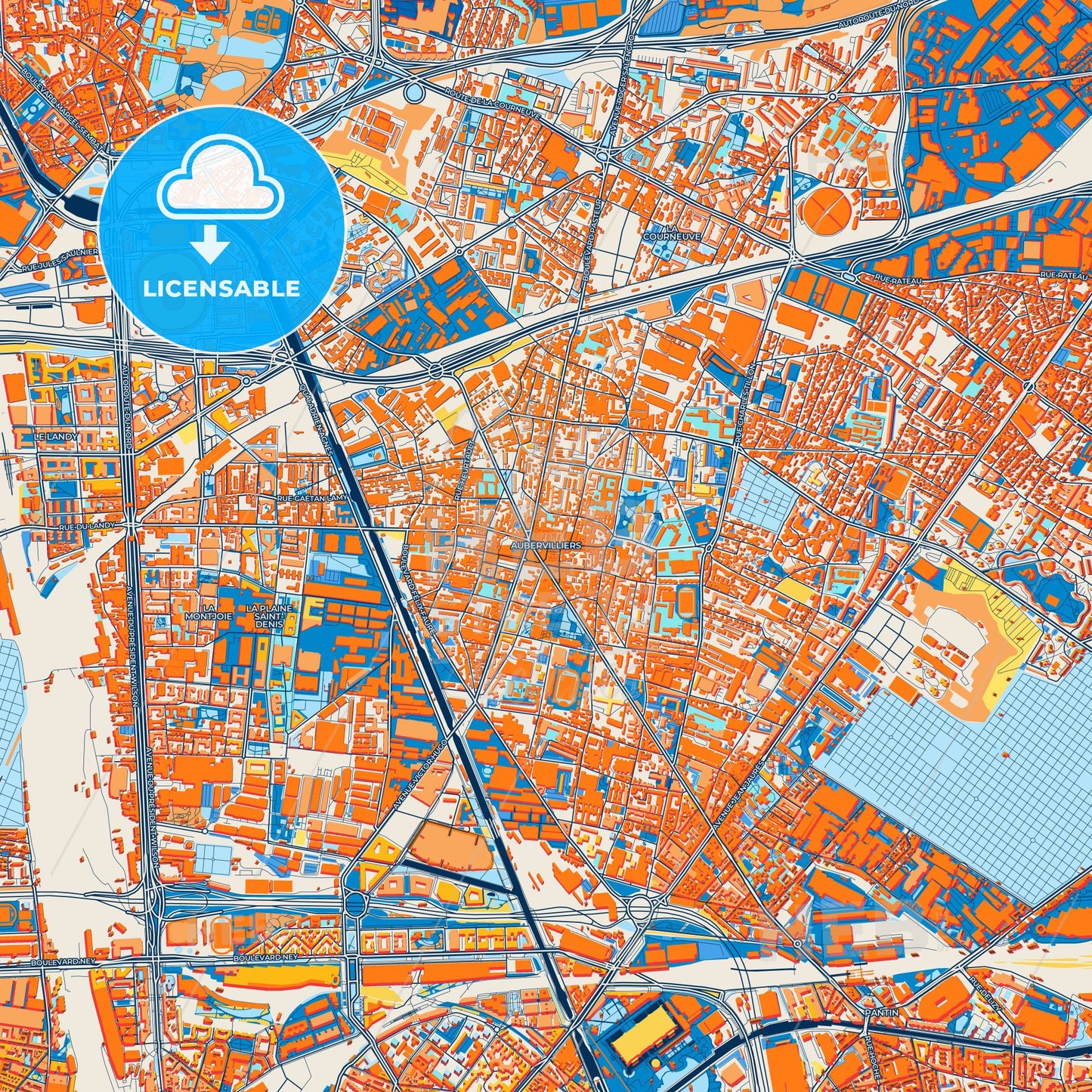 Colorful Aubervilliers Street Map with Labels and Buildings