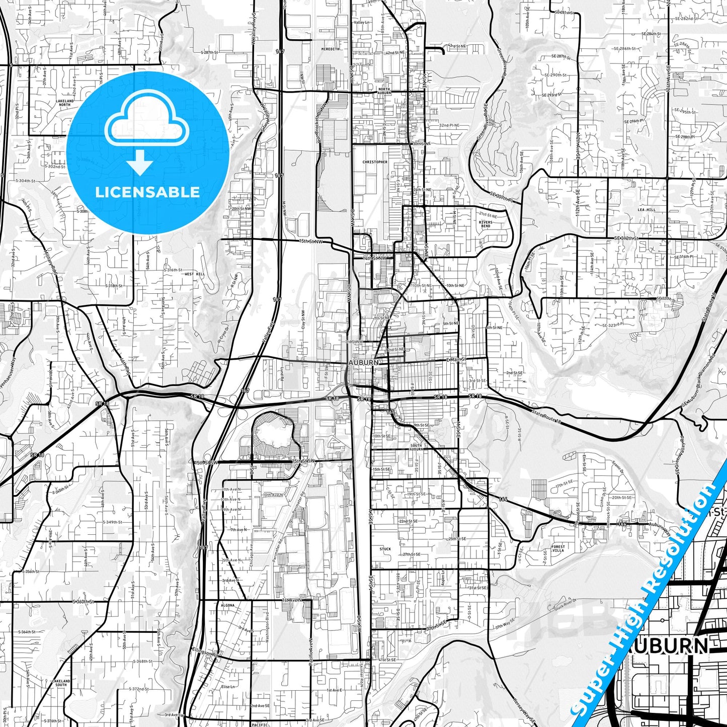 Auburn, Washington Light Map with Street Names, City Names, and Districts