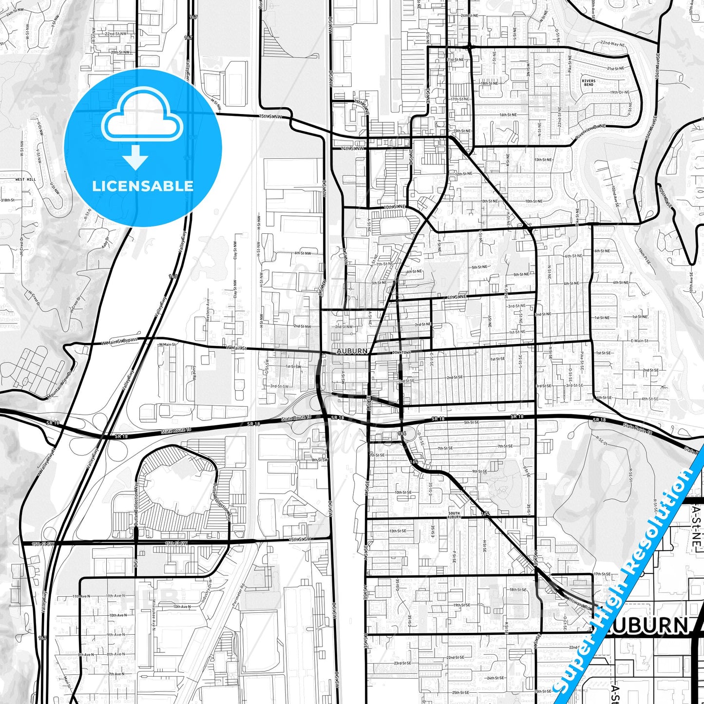 Auburn, Washington Light Map with Street Names, City Names, and Districts
