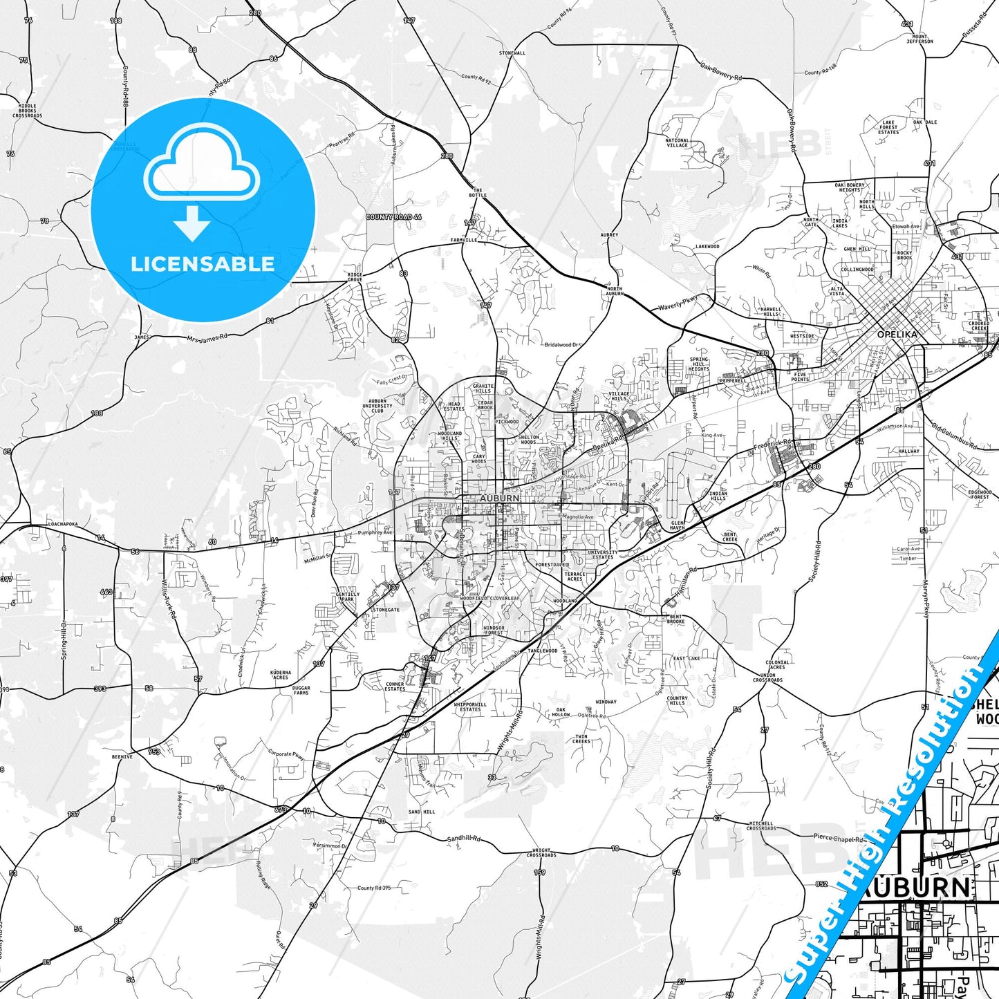 Auburn, Alabama light map with streetnames, citynames and districts