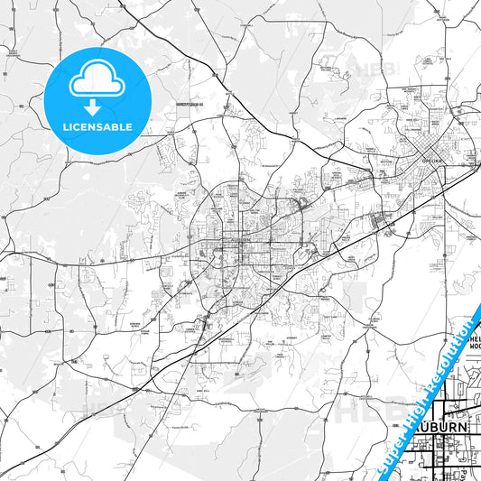 Auburn, Alabama light map with streetnames, citynames and districts