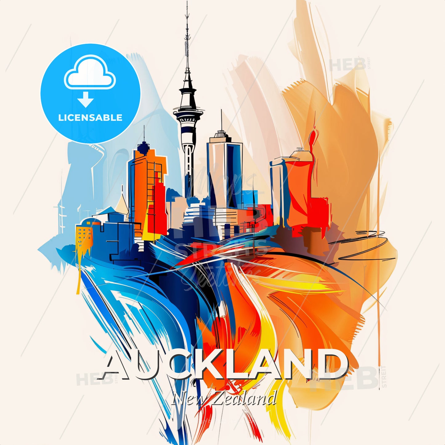 Vibrant Auckland, New Zealand - A Colorful Cityscape With A Tower - Square format print template
