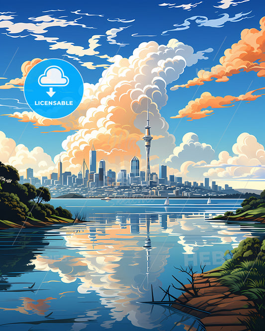 Vibrant Canvas Depiction of Auckland Skyline with Dramatic Cloudscape