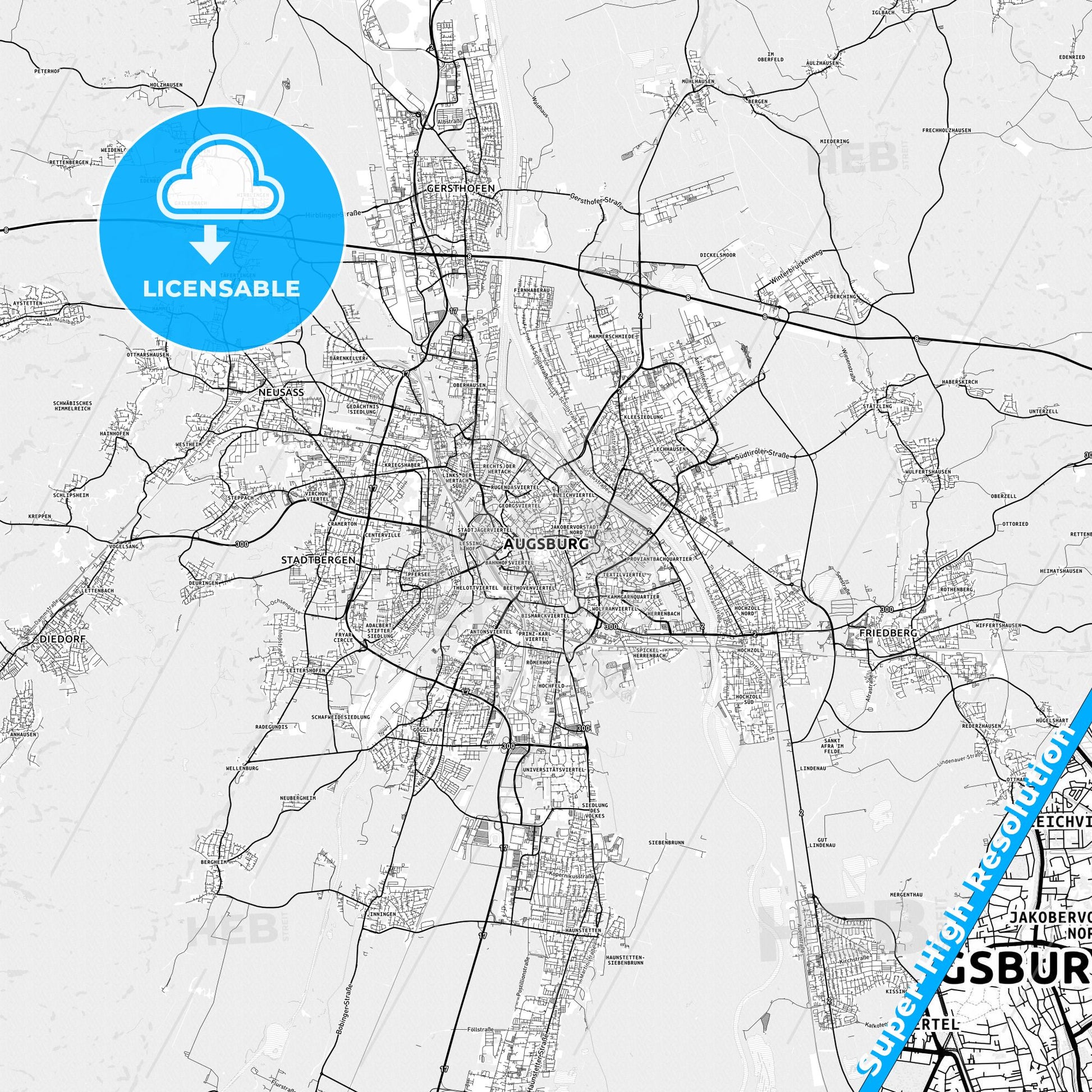 Augsburg, Germany light map with streetnames, citynames and districts